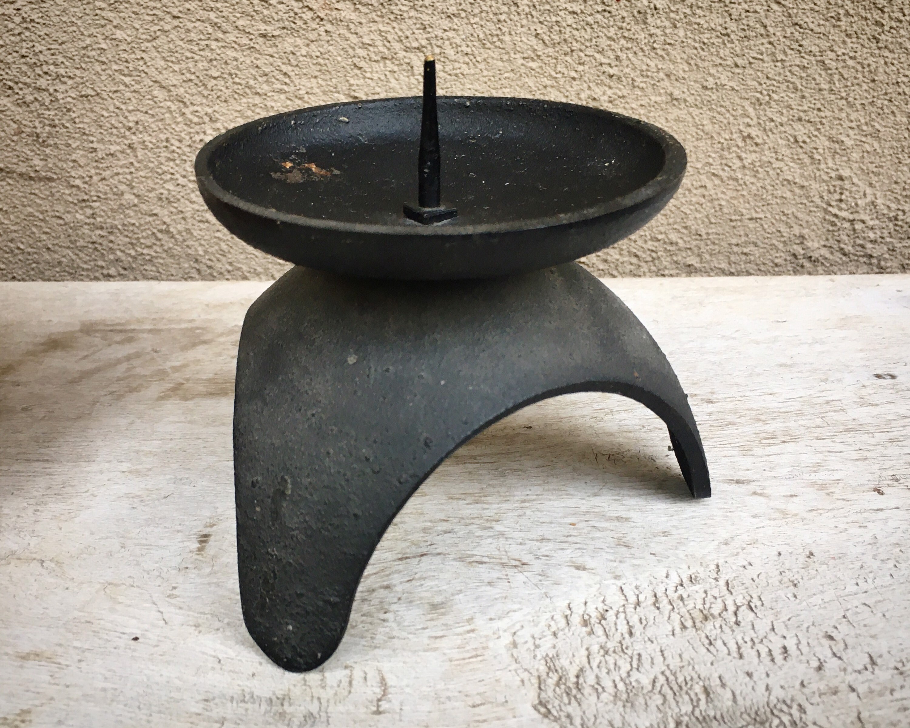 Short Modernist Brutalist Black Metal Pillar Candle Holder with Pricket