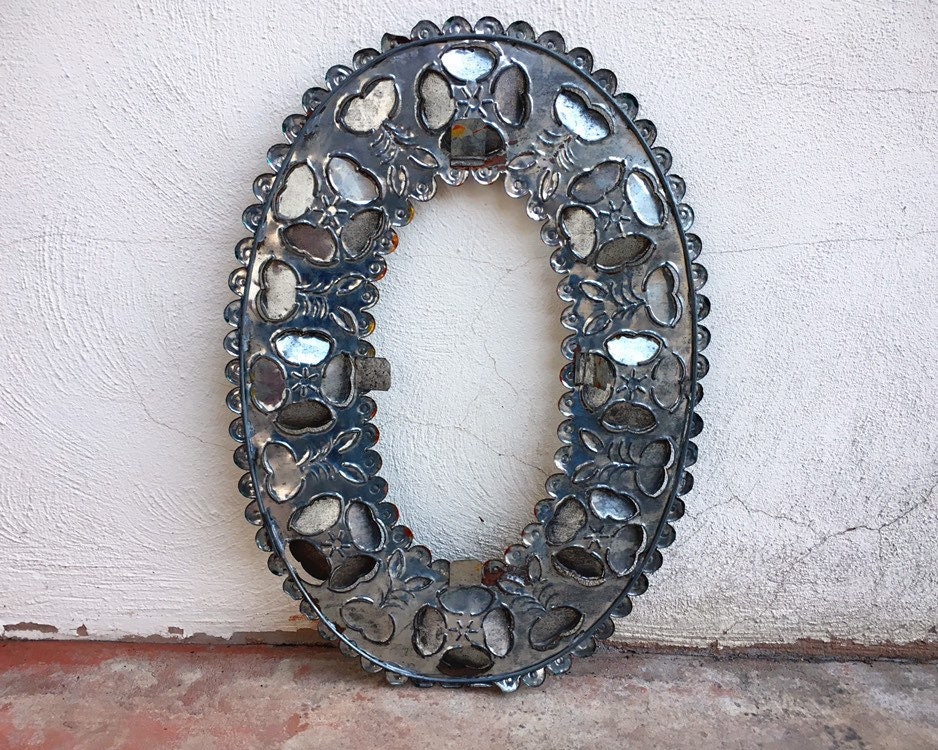 Large Vintage Mexican Tin Oval Frame Punched Painted Cutout Metal No