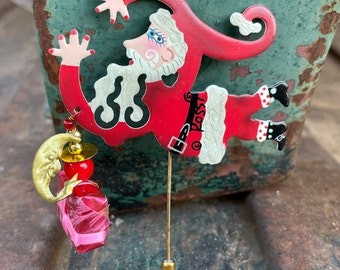 Retired Fanciful Flights Santa Stick Pin Brooch by Karen Rossi, Christmas Fashion Gift Holidays