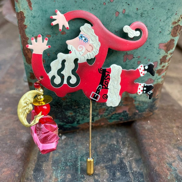 Retired Fanciful Flights Santa Stick Pin Brooch by Karen Rossi, Christmas Fashion Gift, Stocking Stuffer, Whimsical Estate Jewelry for Vest