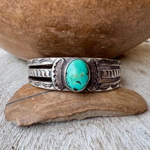 Fred Harvey Era Blue Turquoise Cuff Bracelet Approx Size 6.375, Stone Replaced?, Old Pawn