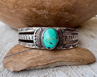Fred Harvey Era Blue Turquoise Cuff Bracelet Approx Size 6.375, Stone Replaced?, Old Pawn