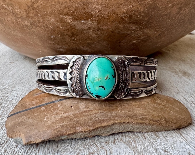 Featured listing image: Fred Harvey Era Blue Turquoise Cuff Bracelet Approx Size 6.375, Stone Replaced?, Old Pawn