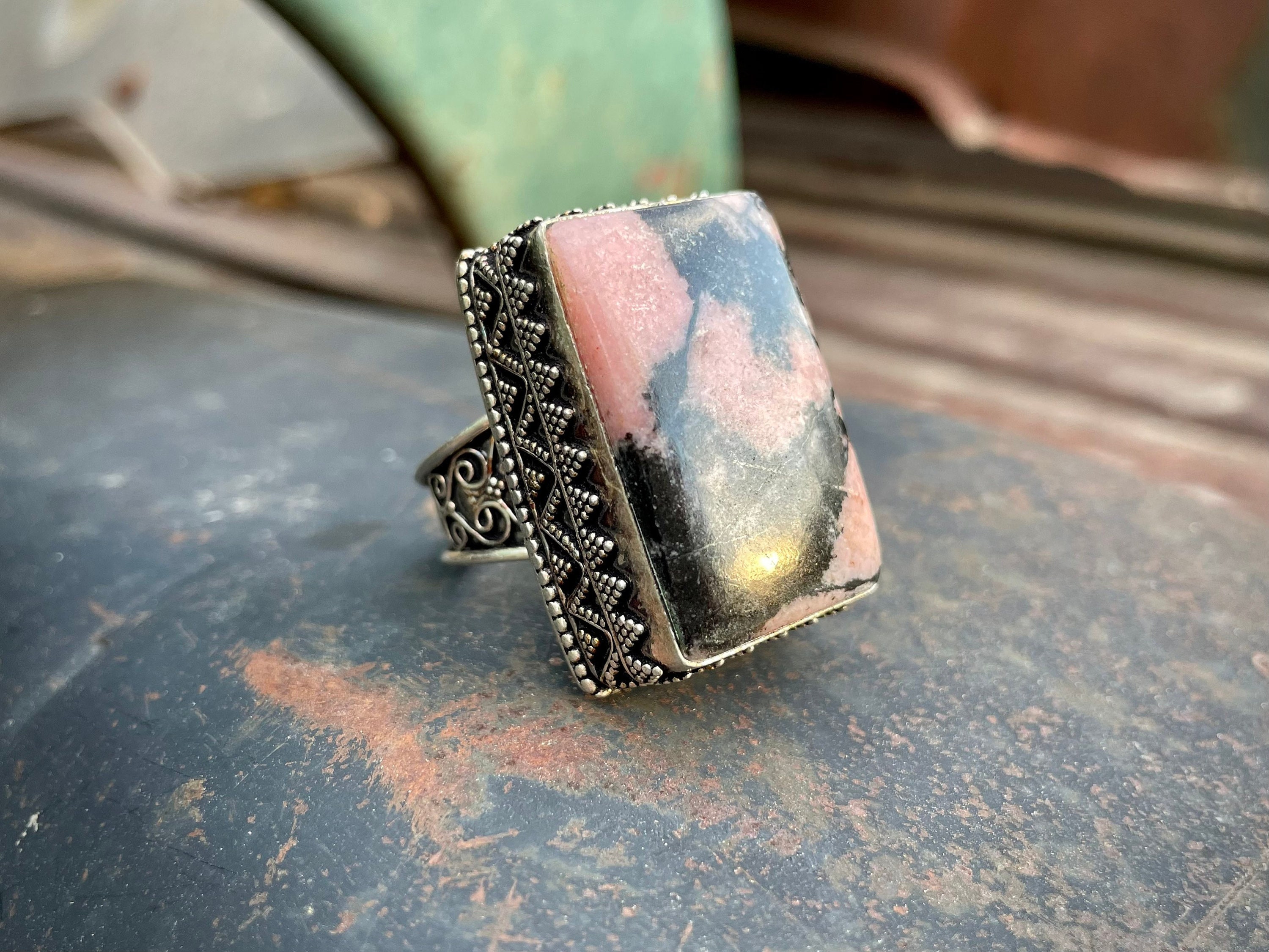 Pink and Black Rhodonite Huge Ring Size 9.75 with Tribal Silver, Spring ...