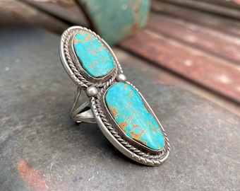 Vintage Two Stone Blue Gem Turquoise Ring Approx Size 10, Large and Long, Native American