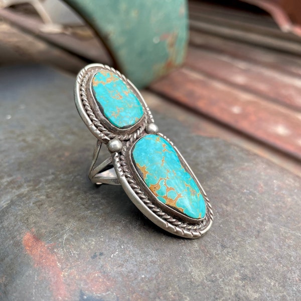Vintage Two Stone Blue Gem Turquoise Ring Approx Size 10, Large and Long, Native American Indian Jewelry Unisex Men Women, Rodeo Style