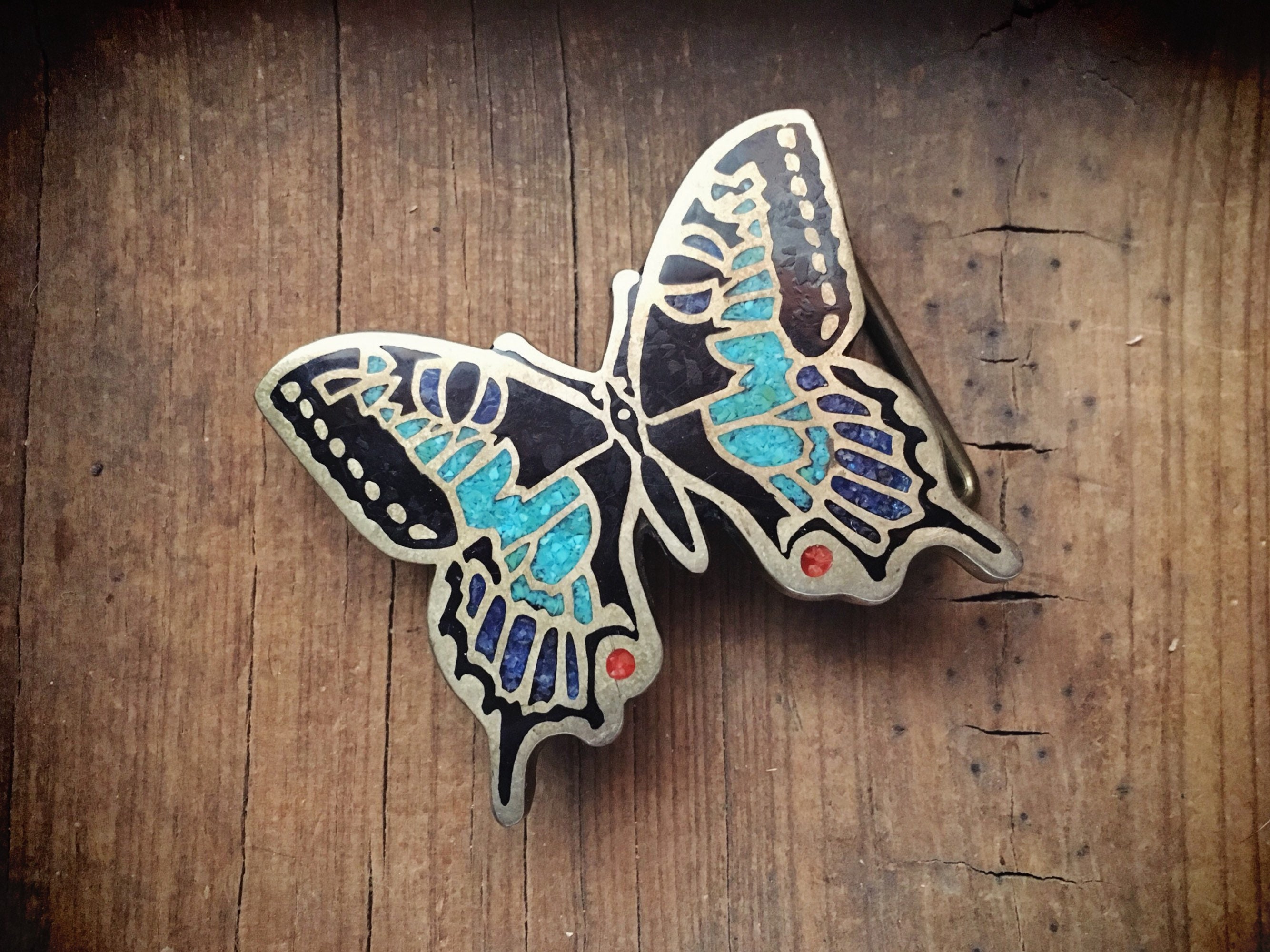 Brass Butterfly Belt Buckle with Crushed Turquiose Coral Lapis Inlay ...