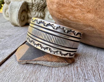 Kewa Tony Aguilar Sr. Stamped Sterling Silver Cuff Bracelet Size 7", Heavy 103g