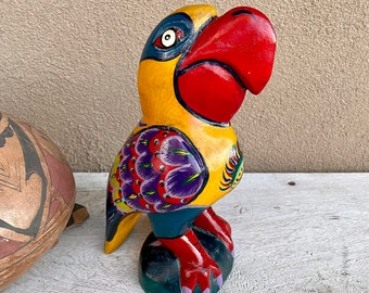 Vintage Guatemalan Hand-Carved Colorful Parrot Statue by Dennis Tawani, Primitive Folk Art