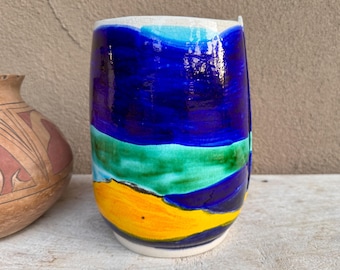 Modern Rustic Art Studio Pottery Vase 9" Tall, Slab w/ Seam, Blue Teal Yellow Design, Crazing