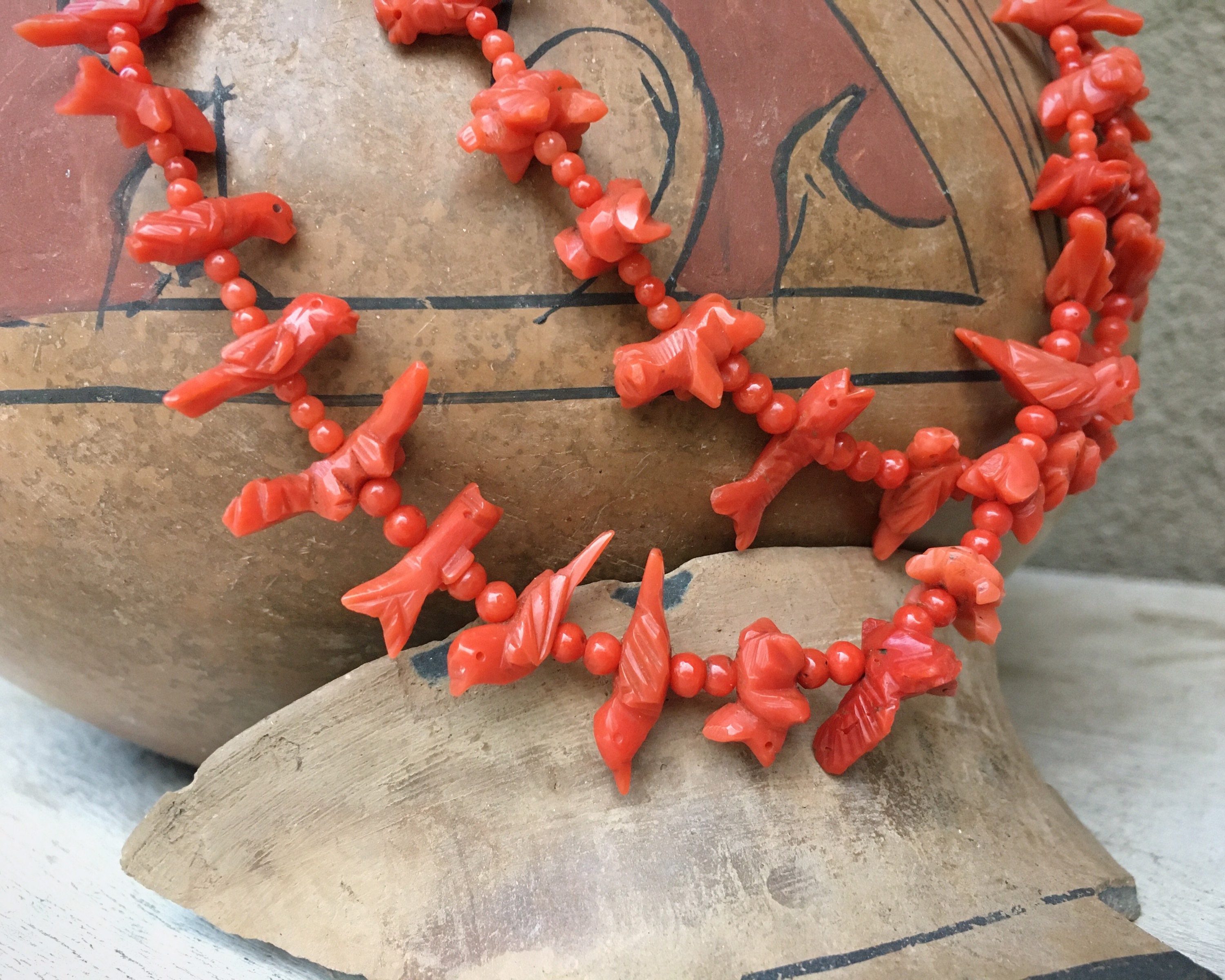 31 Carved Red Coral Animal Fetish Necklace by Zuni Tsikewa
