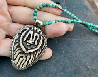 Large Carved Bone Pendant Tibetan Om Symbol in Silver Tone Bezel Turquoise Bead Necklace 17.5"