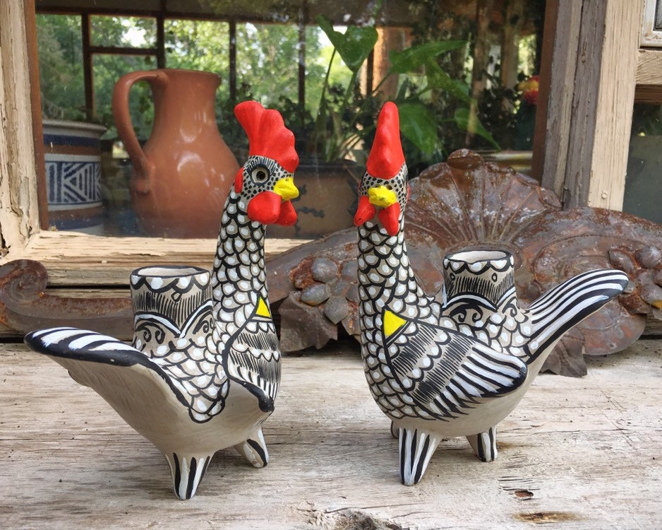 black and white ceramic rooster