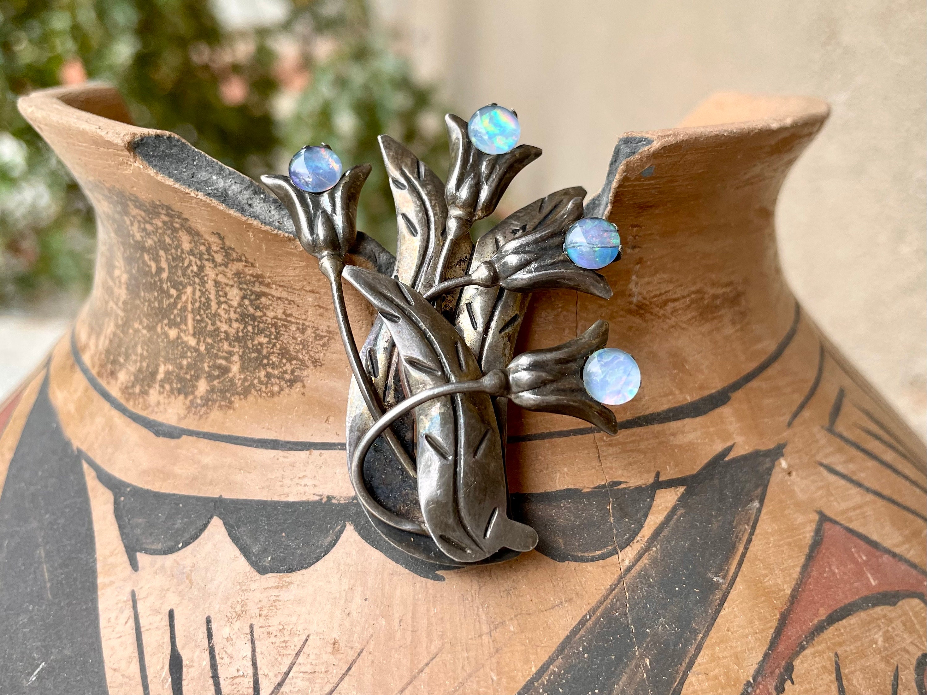 Vintage Sterling Silver and Opal Flower Brooch Pin for