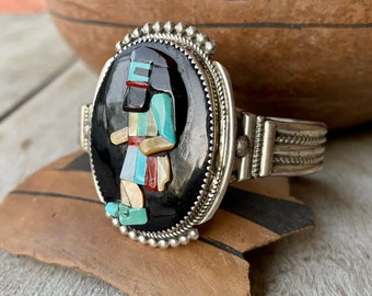Zuni Bev Etsate Kachina Dancer Cuff Bracelet Size 6.75, Black Jet Turquoise, Native American