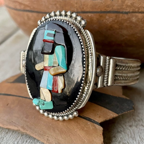 Zuni Bev Etsate Kachina Dancer Cuff Bracelet Size 6.75, Black Jet Turquoise Mother of Pearl Mosaic, Native American Indian Jewelry Women's