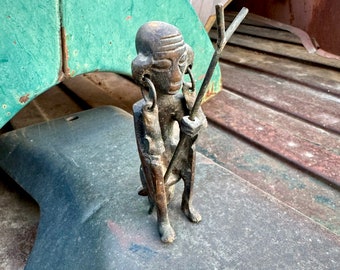 Vintage Miniature Bronze Figure w/ Earrings Walking Stick, Small 4.25" Tall, Dogon Ashanti