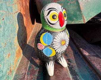 Mexican Pottery Owl Statue 6" Tall, Black with Colorful Floral Design