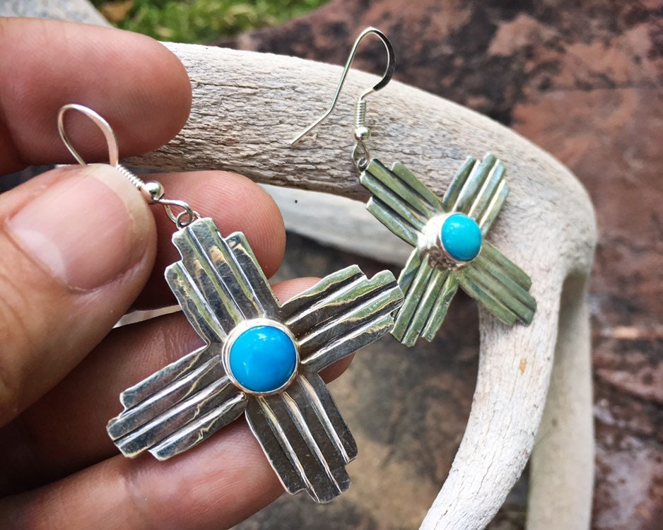 Navajo Earrings for Women Sterling Silver Coral Zia Cross, Native