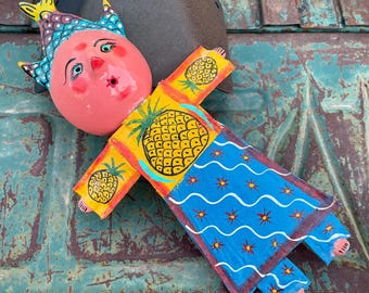 Vintage Mexican Folk Art Fish Head Lady Coconut Shell Wall Hanging with Canvas Body