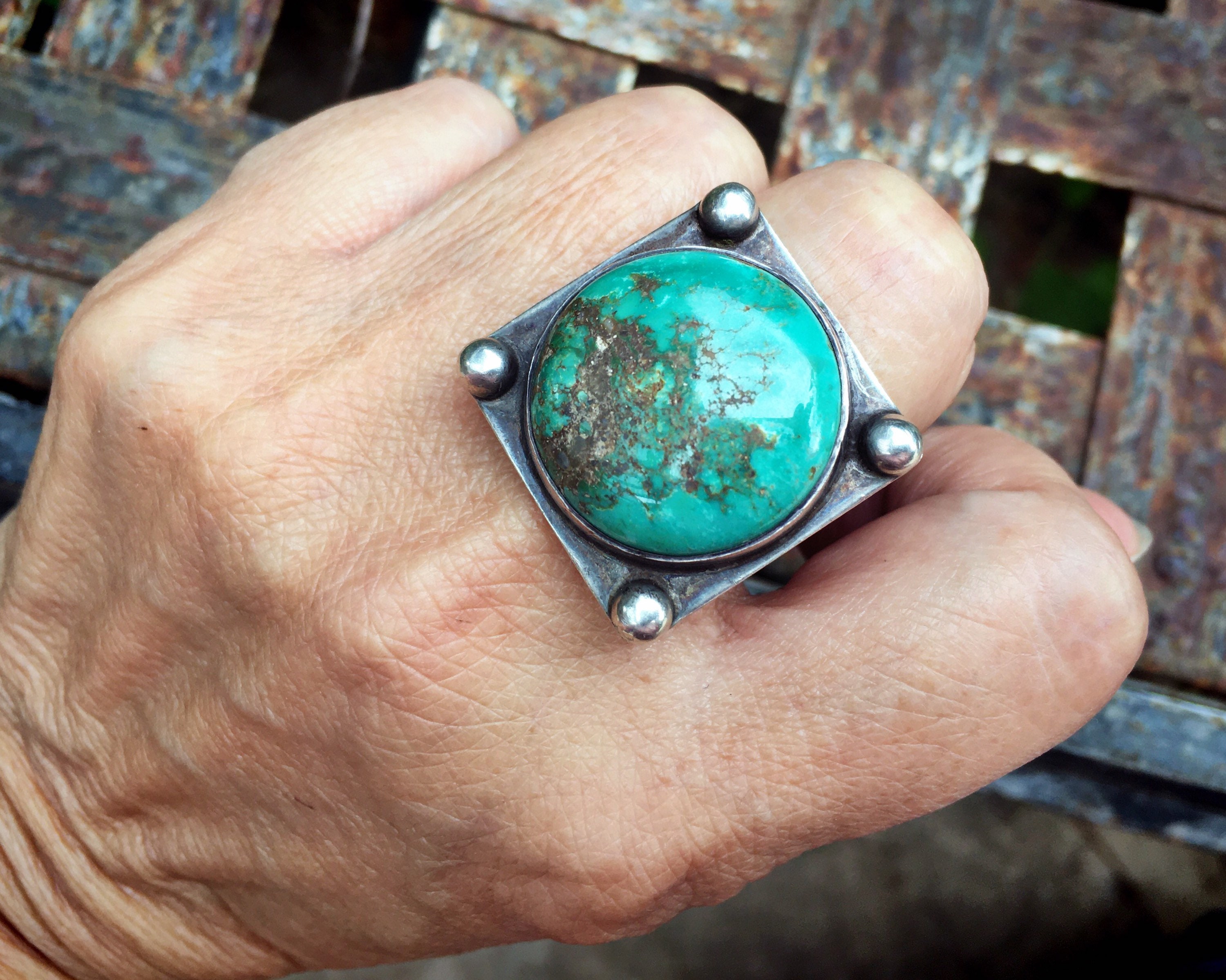 Modernist 1930s Natural Turquoise Stone Ring on Square Silver