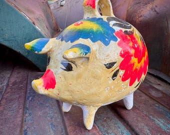 Distressed Vintage Mexican Pottery Piggy Bank, Much Discoloration, Opens by Breaking