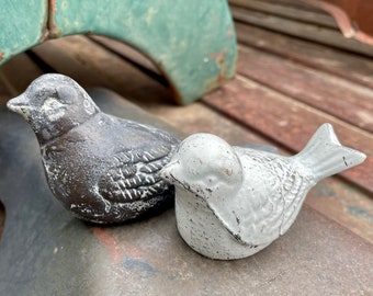 Two Small Cast Iron Bird Figurines, Songbird Decorations for Planter or Rock Garden, Nature Gifts