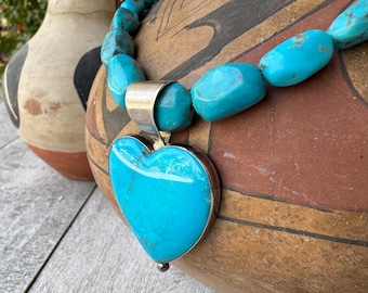 1990s Chunky Turquoise Heart Pendant on Beaded Necklace Approx 18-20", Vintage DRT