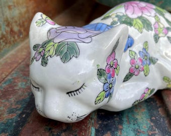 Vintage Sleeping Cat Hand Painted Porcelain Figurine Pink Green Blue, 1970s Bohemian Decor