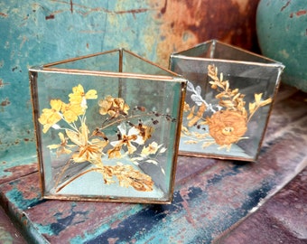 Pair Vintage Pressed Dried Flower in Thick Beveled Glass Brass Candleholders, Bohemian Decor