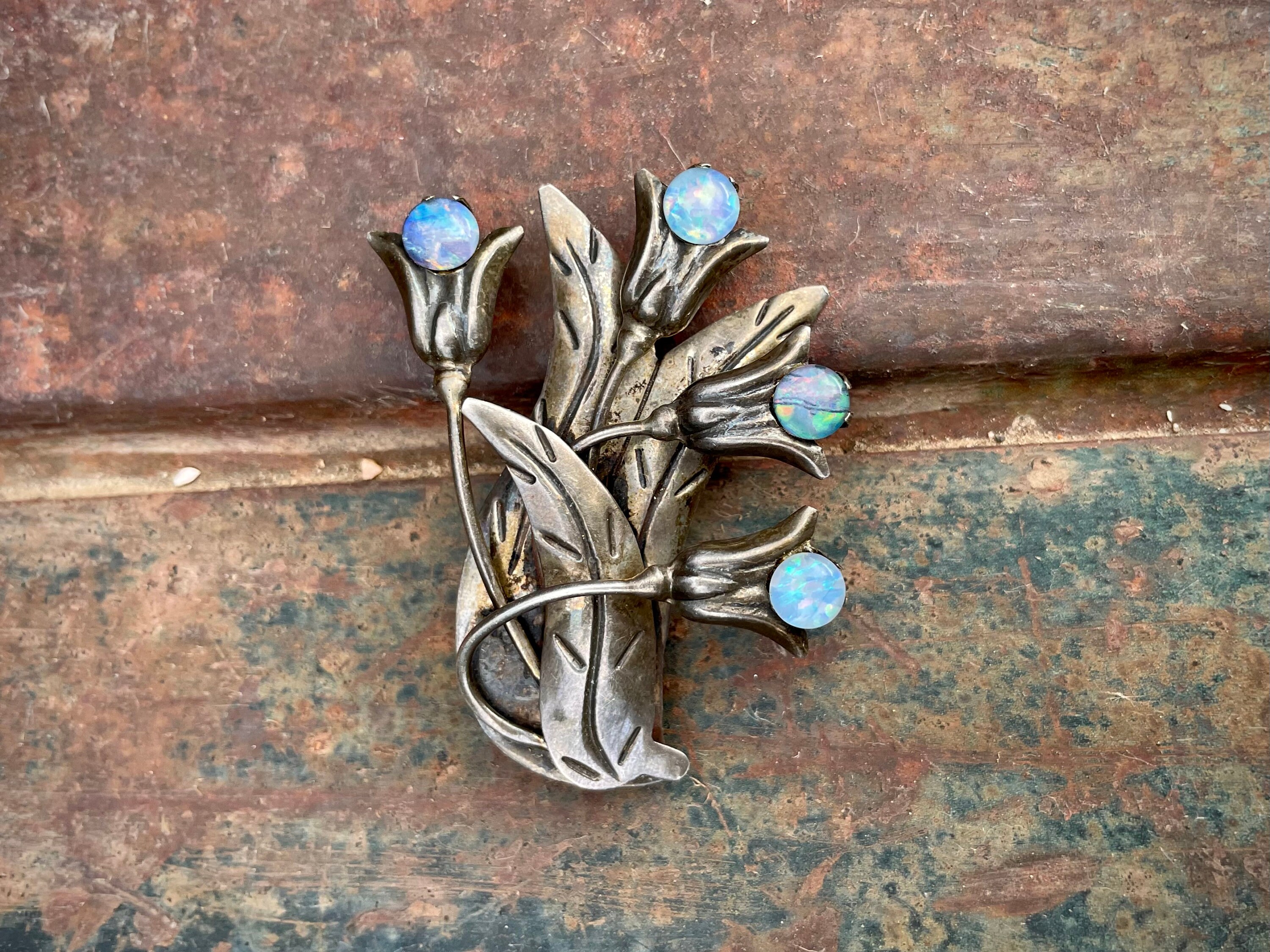 Vintage Sterling Silver and Opal Flower Brooch Pin for