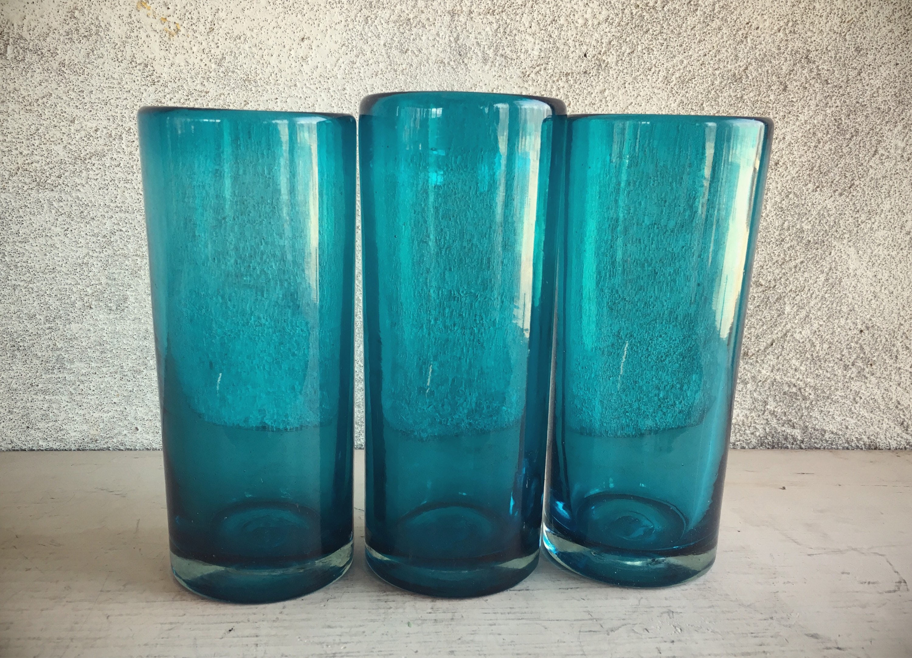 Three Mexican Blown Glass Tumblers Teal Color, Chunky Glass Mexican
