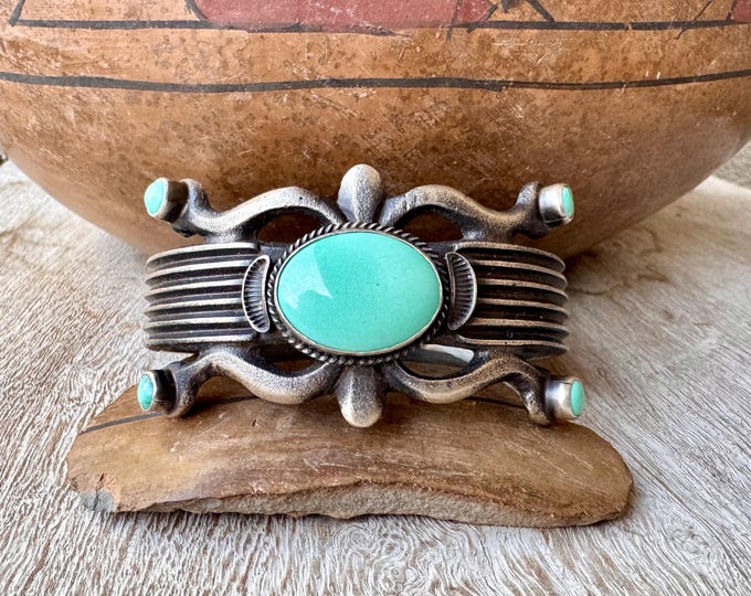 Featured listing image: Navajo Martha Cayatineto Tufa Cast Silver Turquoise Cuff Bracelet Size 6.5