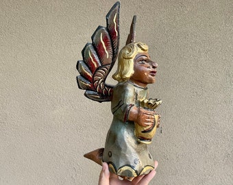 Vintage Carved Wood Kneeling Angel with Brown Skin Sculpture, Nahua Guerrero Mexican Folk Art