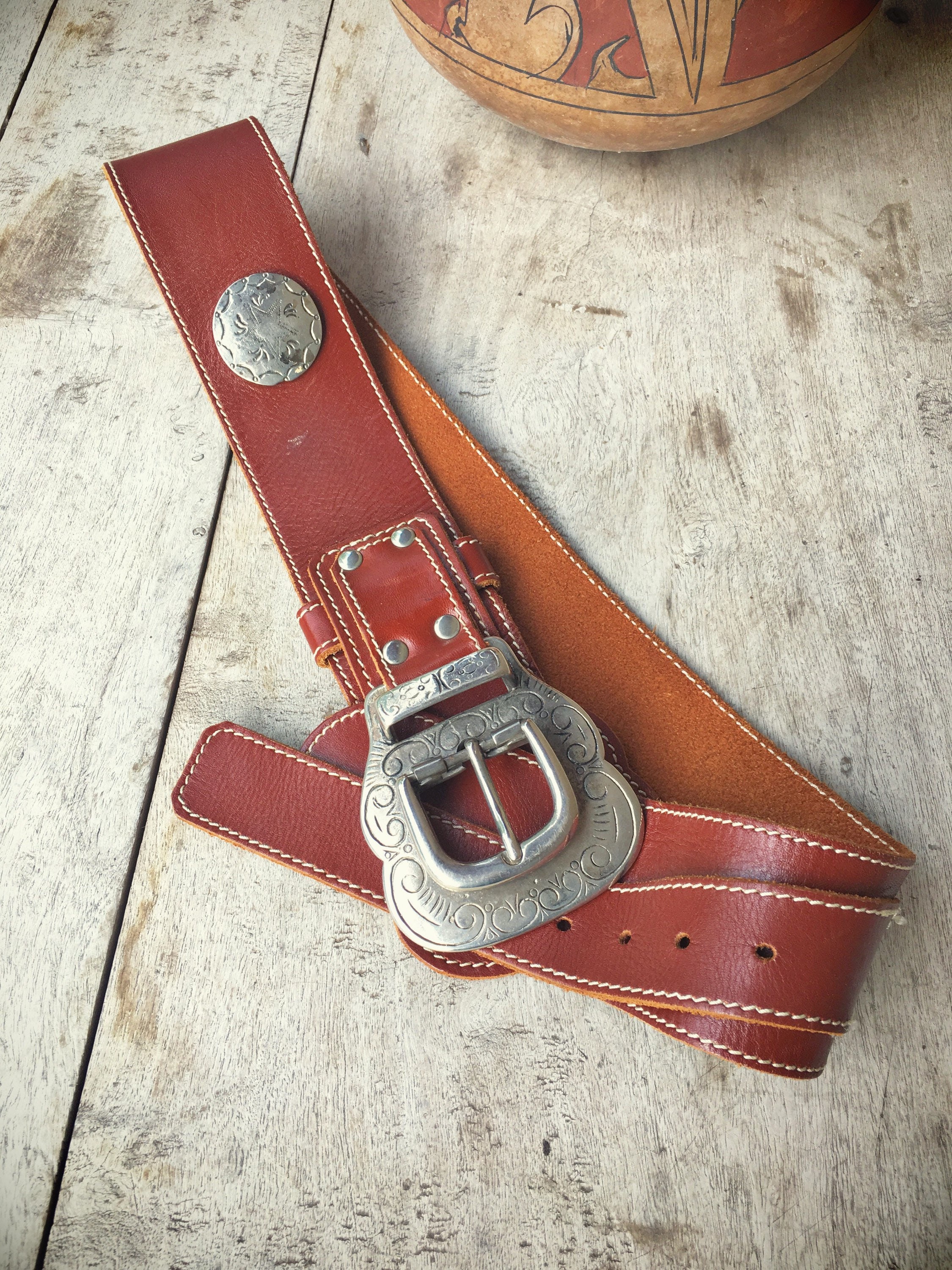 Vintage silver tone wide leather belt 38 long fits 28.5 to 32 waist or