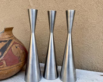 Three IKEA Erika Pekkari Candlestick Holders, Hourglass Design, Sanitized Steel, Modern Decor