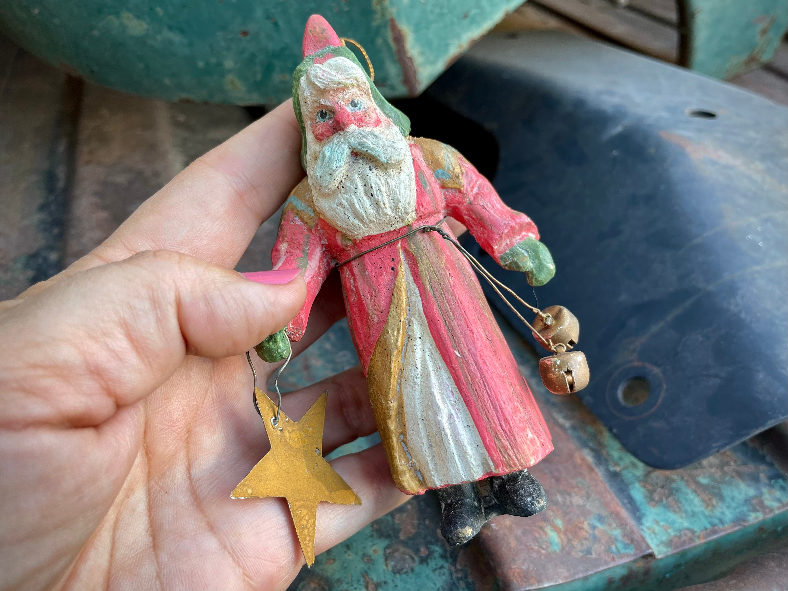 1989 House of Hatten Santa Claus with Bells and Star, Paper Mache