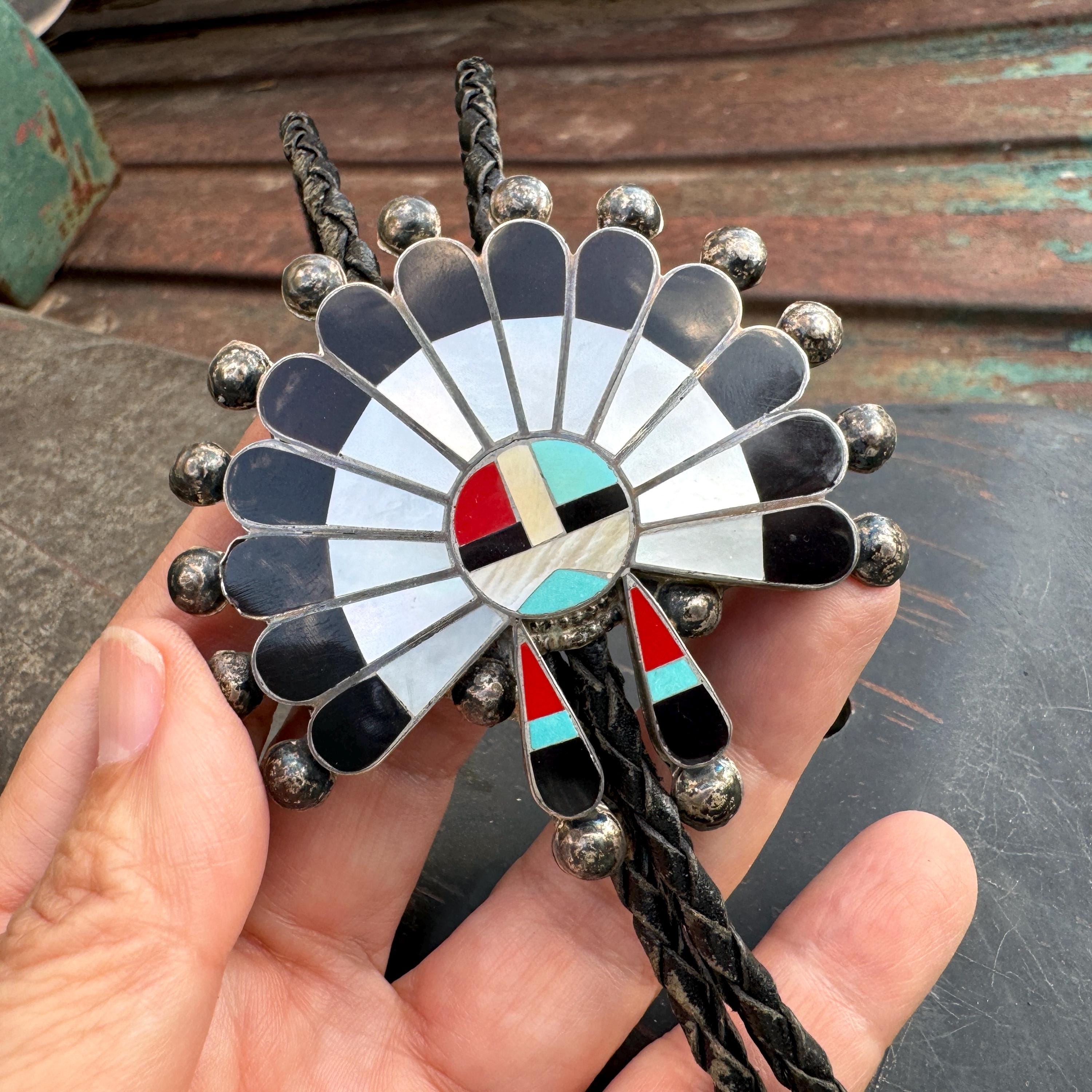 Important Older Vintage Native American Zuni Turquoise Sunface Sterling Silver Inlay Bolo Tie Important Older Vintage Native American Zuni Turquoise Sunface Sterling Silver Inlay Bolo Tie