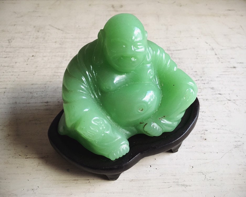 Vintage Celluloid Green Buddha Figurine, Faux Jade Sitting Buddha Statue, Zen Altar