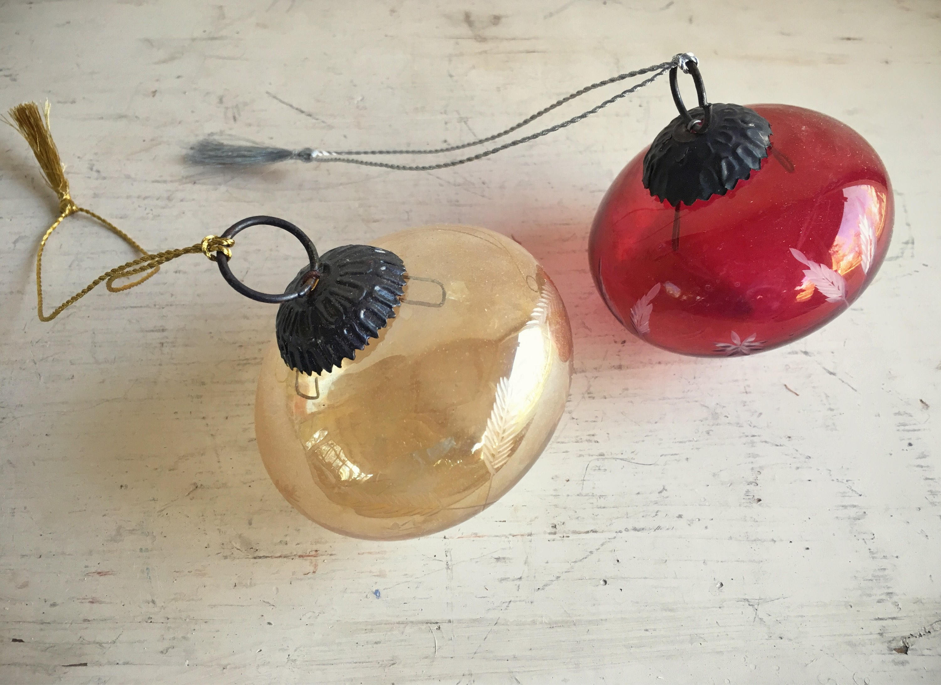 Pair of Vintage Colored Glass Christmas Ornaments Kugel Style Holiday Decor