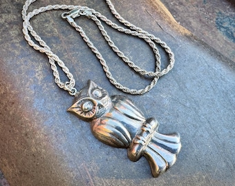 Large 2" Sterling Silver Owl Pendant on 18" Necklace, Vintage Jewelry Mexican Style