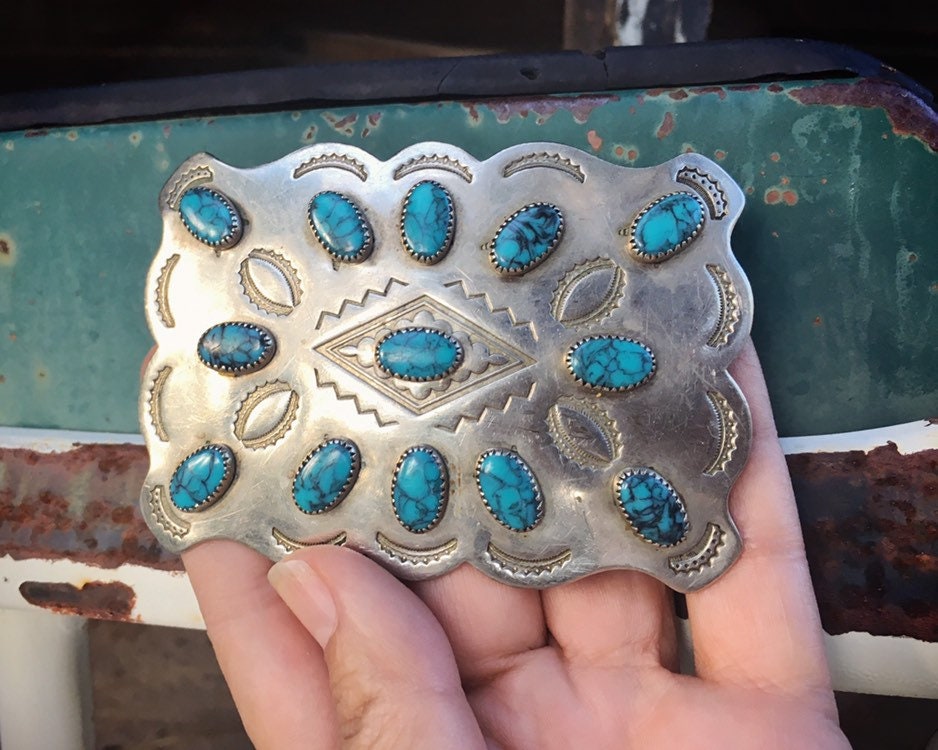 Vintage Belt Buckle for Men or Women Solid Nickel Silver with Faux Turquoise Native American ...