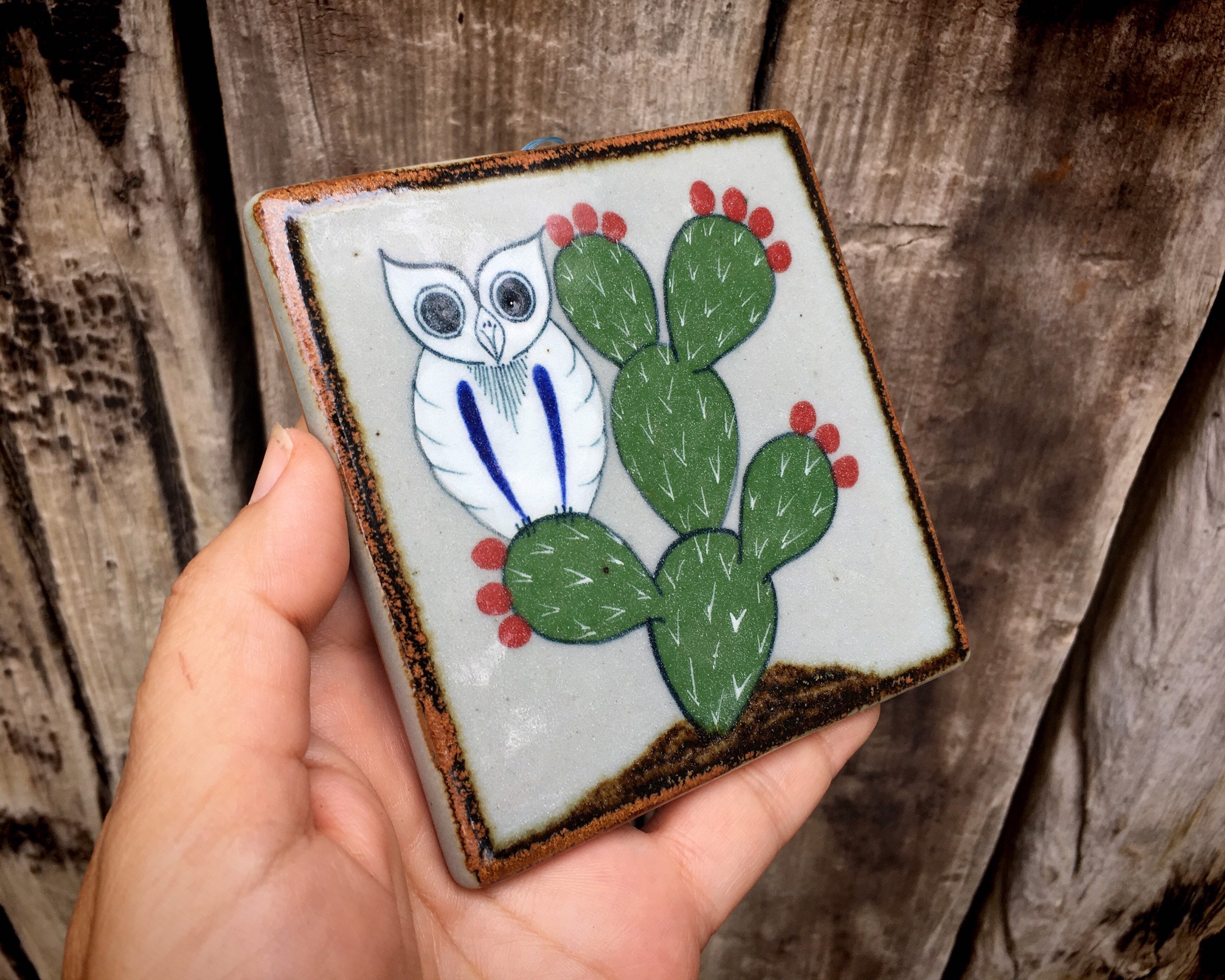 Small 4x4 Vintage Mexican Ceramic Tile Wall Hanging of Owl and Cactus