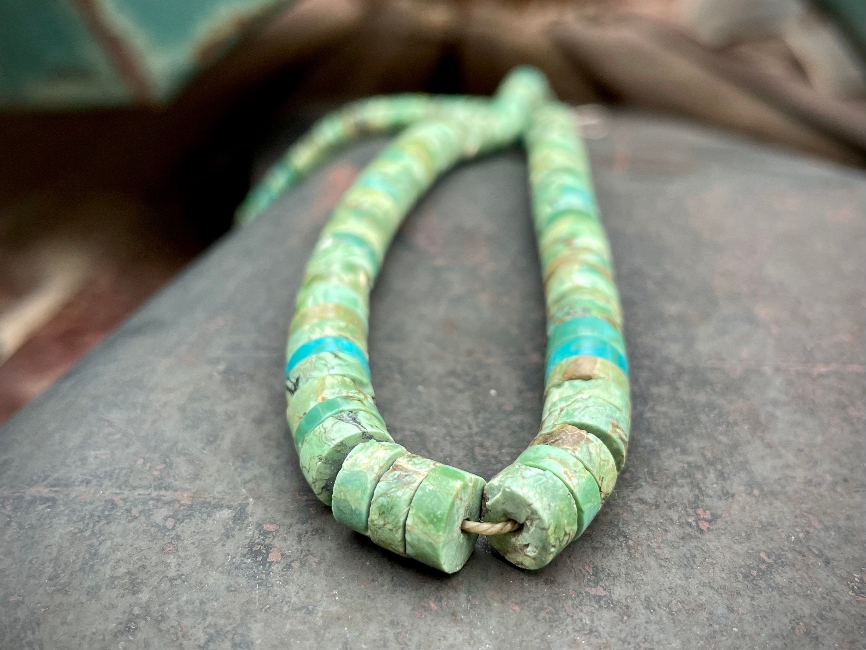 1960s Turquoise Heishi Necklace Choker 17.5, Strung on Twine, Vintage