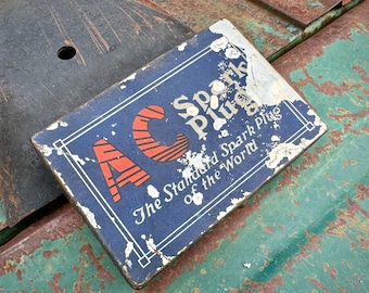 Vintage Distressed Small Metal Tin Box AC Spark Plugs, Much Paint Missing, Antique Display