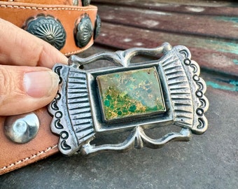Vintage Green King's Manassa Turquoise Silver Belt Buckle on Leather Concho Belt 38" to 42"