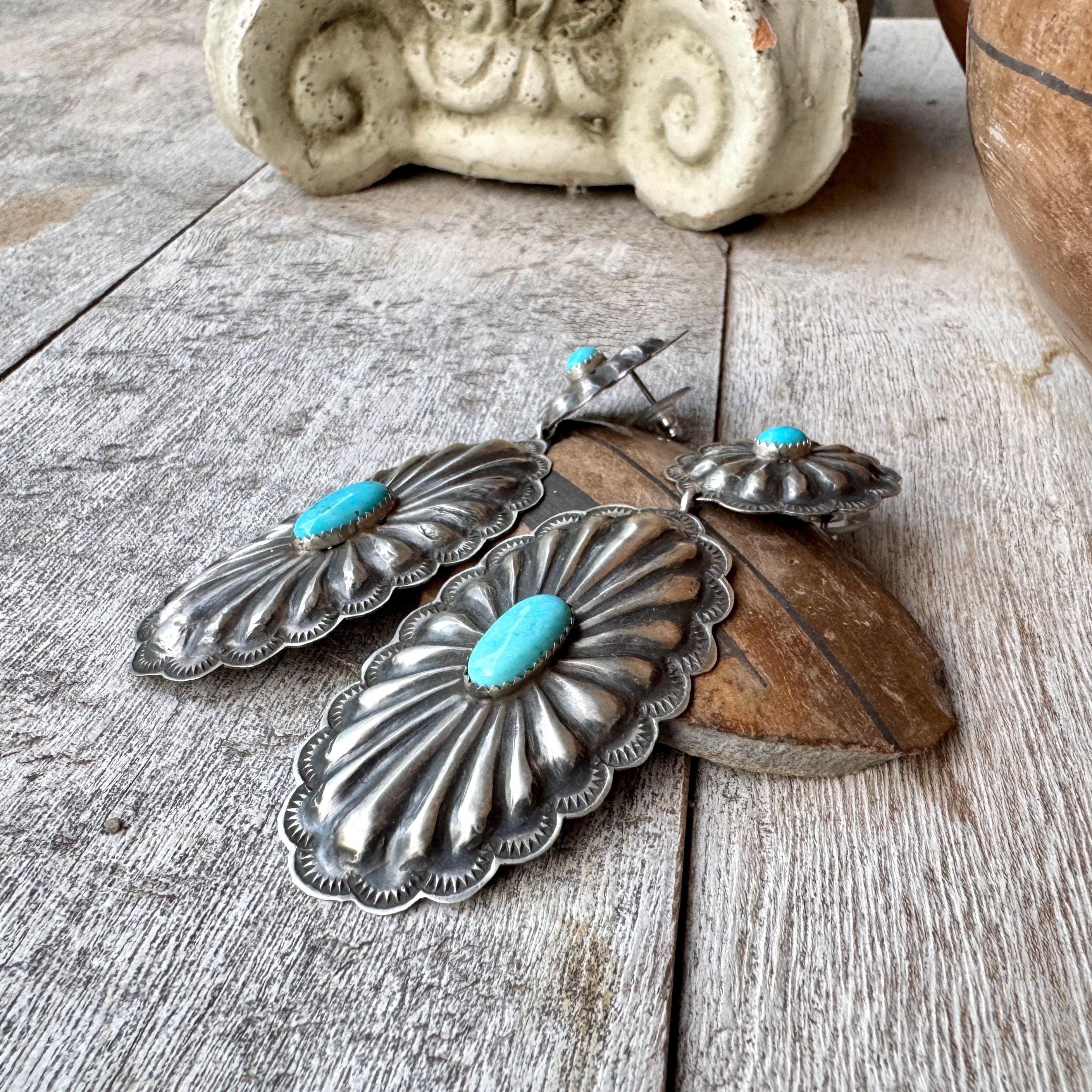 Navajo Rita Lee Large Sterling Silver Concho Turquoise Earrings 3.75