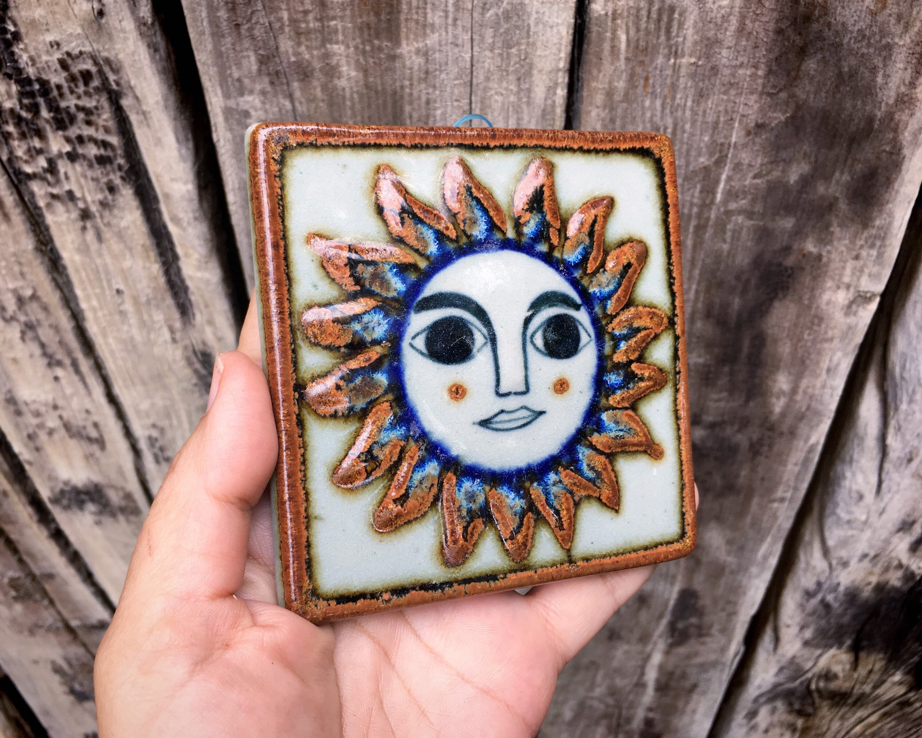 Small 4x4 Vintage Mexican Ceramic Tile Wall Hanging of Sun Face, Rustic