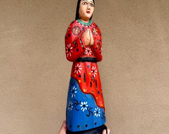Guatemalan Folk Art Statue Saint Approx 15" Tall, Red Painted Wood Carving