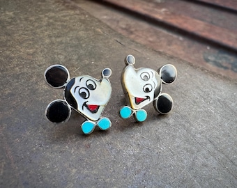 Small Cartoon Mouse Earrings Inlay Mother of Pearl Onyx, Vintage Zuni Zuni Toons